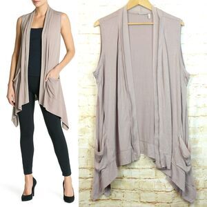 LOGO Lori Goldstein Sleeveless Waterfall Cardigan Chiffon Trim 2X Taupe Mauve